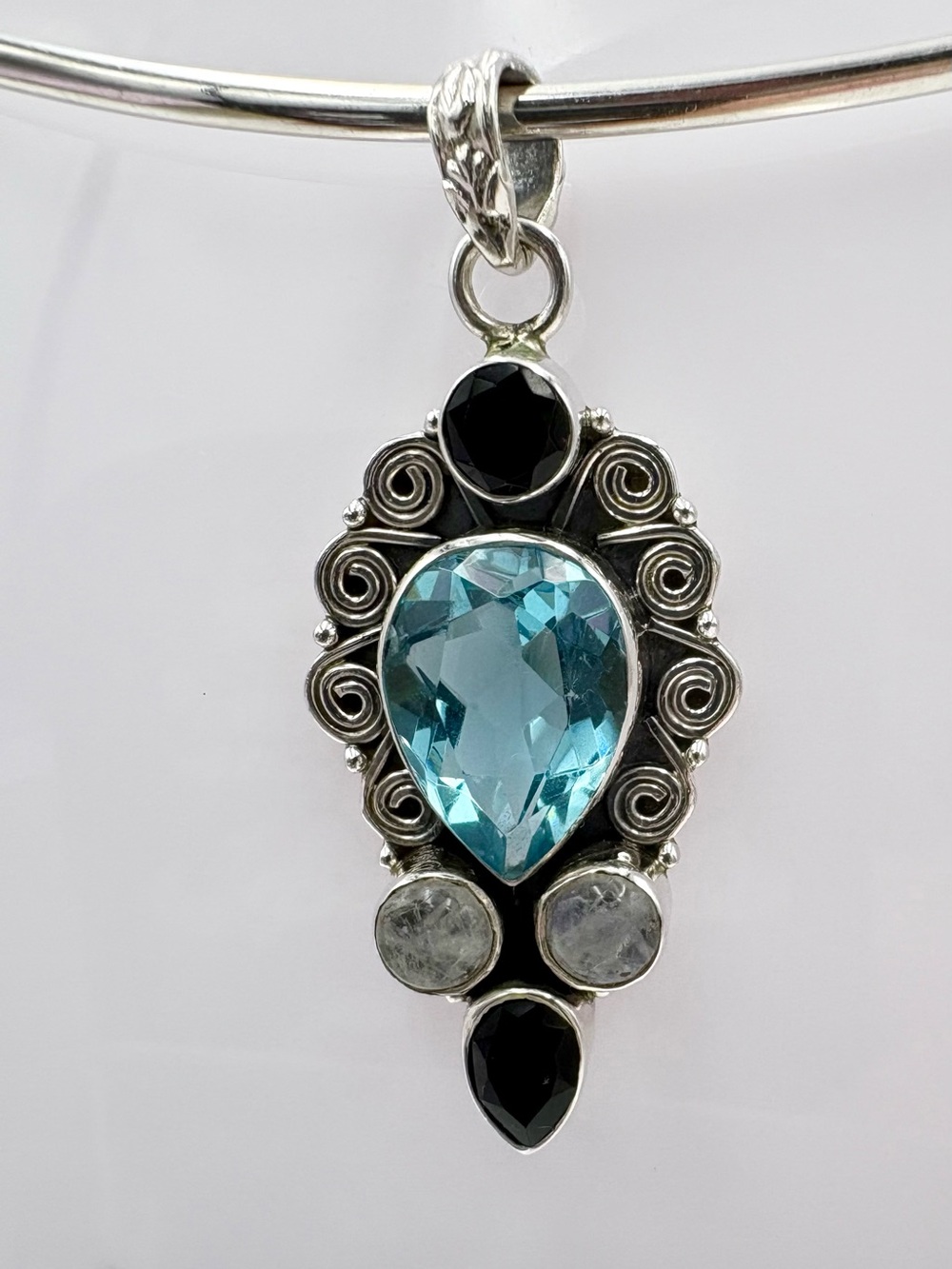 925 Sterling Teardrop Faceted Blue Topaz, Black Agate & Moonstone Pendant (Only)